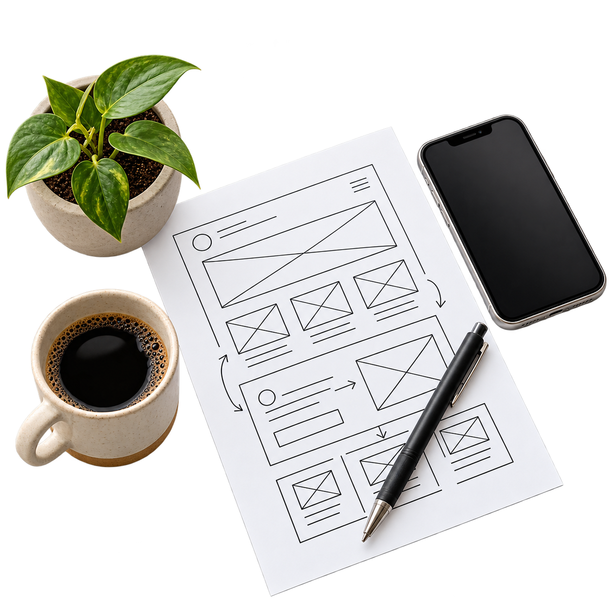 Website wireframes on paper with a phone, pen, coffee and a plant